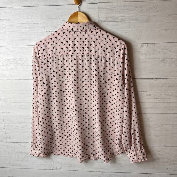 Talbots Blouse Womens Size Large Pink & Black Butterfly Bird Pintuck Peter Pan - Picture 13 of 16